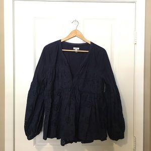 Navy Blue Flowy Top with Balloon Sleeves